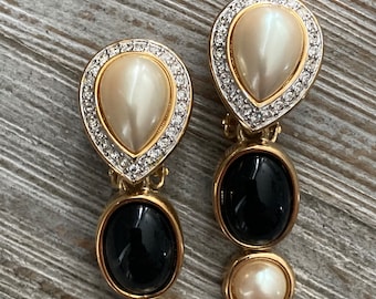 NOS CRYSTALINE Vintage 1980's Gold And Black Classic Dangle Clip Earrings With Faux Pearl And Rhinestones