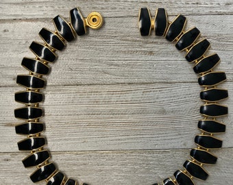 Fabulous RAU KLIKIT Vintage 1980's Black Enamel And Gold Modern Runway Statement Collar Necklace