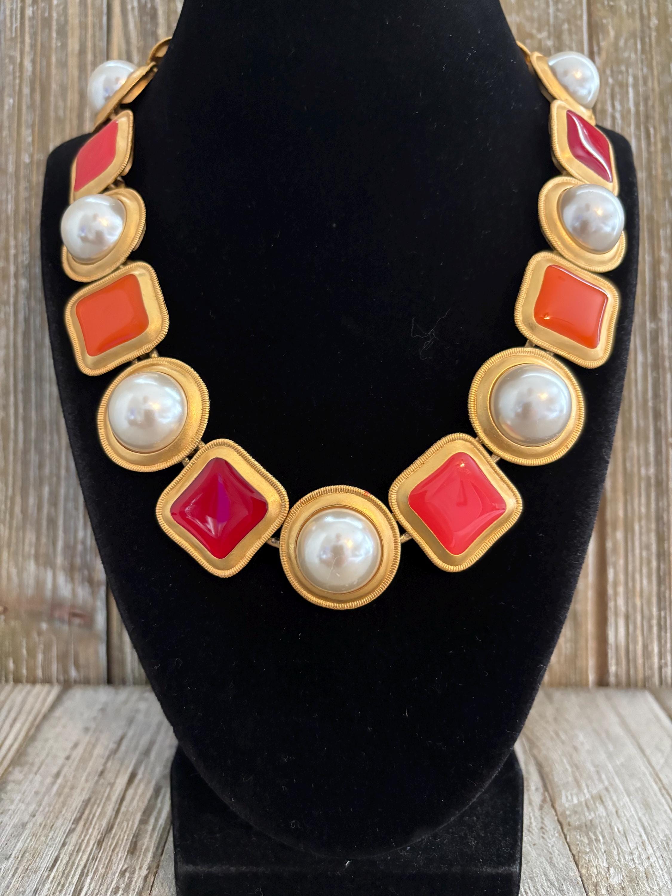 ANNE KLEIN Vintage 1990's Red and Orange With Faux Pearls Modern