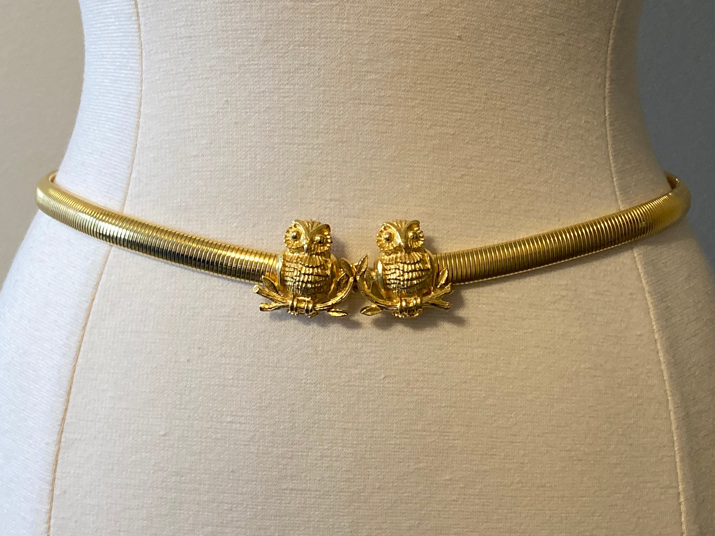 Vintage Mimi Di N Gold Tone Belt Stretch Chain Owl Pair 1975 Skinny Belt 28\