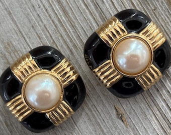 Boucles D'oreilles Anciennes Années 50 - Perles Noires Avec Fermoir Clip, En Alliage Métallique