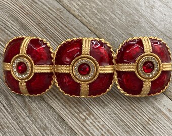 YOSCA Vintage 1980's Made In France Red And Gold Classic Barrette With Rhinestones