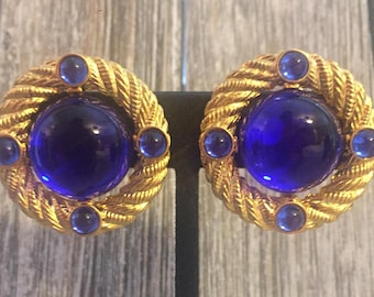 PARK LANE  Vintage 1980&#39;s-90&#39;s Gold Gripoix Moghul Statement Earrings With Blue Cabochons