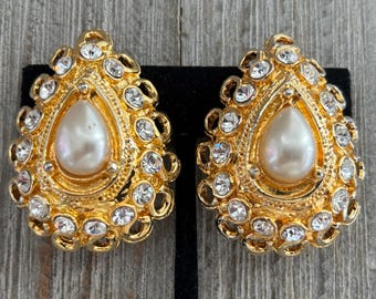 Vintage 1990's NOS Large Gold Teardrop Shaped Couture Cliup Earrings With Pearls And Rhinestones