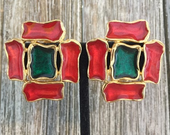 Vintage 1991 AVON Color Splash Red & Green Massive Clip Statement Earrings