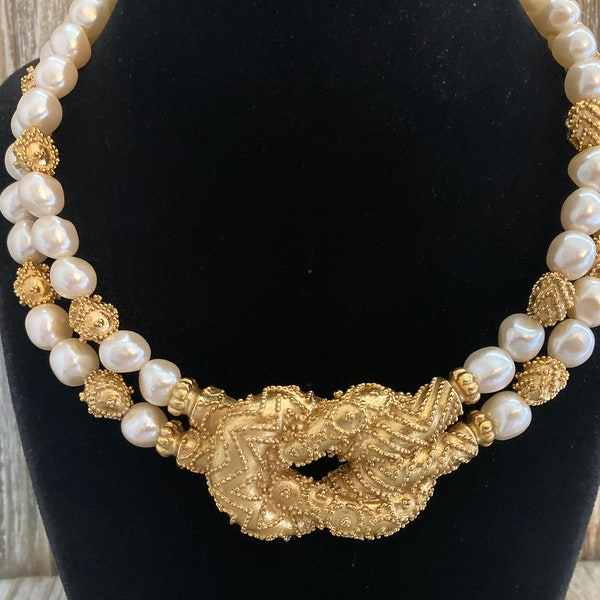 RESERVED....FRANKLIN MINT/Mary McFadden Vintage 1988 Etruscan 22K Gold Plated With Faux Pearls Classic Statement Necklace