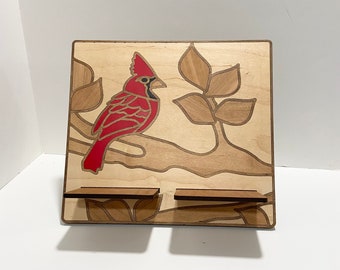 Quilted Cardinal Tablet Stand, Handcrafted Functional Art Piece, Recipe Book Holder, Gift for Bird Lover