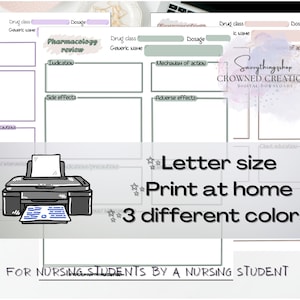 May include: Printable pharmacology review sheets in three different colors. The sheets are designed for nursing students and include sections for drug class, generic name, dosage, indication, side effects, mechanism of action, adverse effects, contraindications/precautions, and client education. The sheets are letter size and can be printed at home.