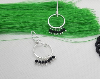 925 Sterling Silver Drop Hook Earrings with Dangling Black Agate Beads