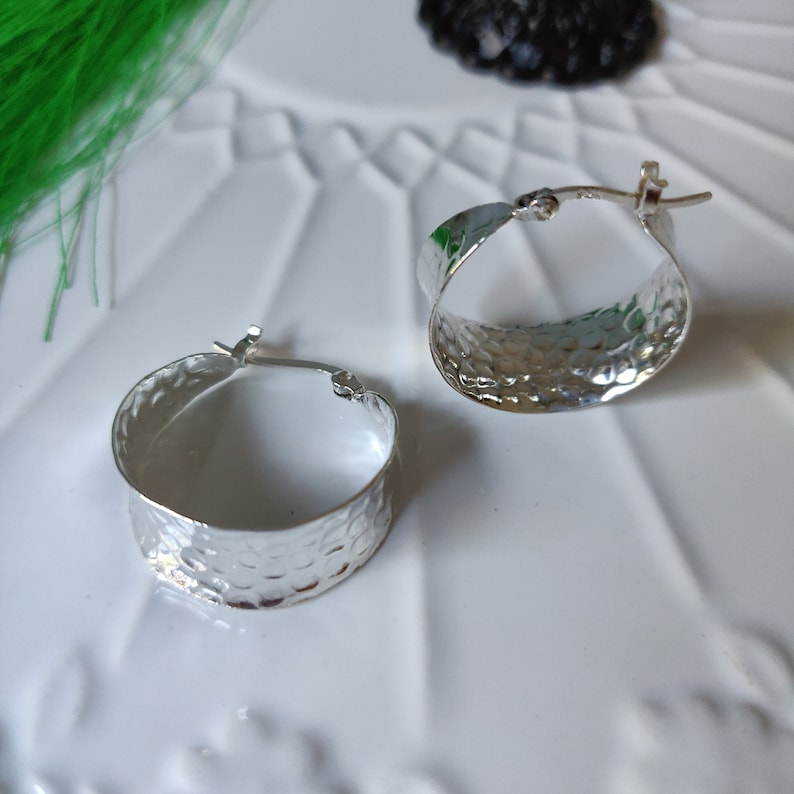 Hammered 925 Sterling Silver Hoop Earrings Concave Tapered Chic image 3