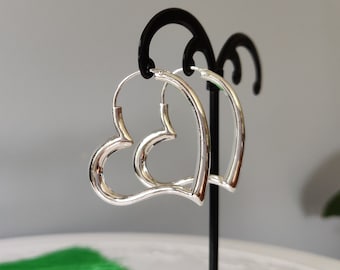 925 Sterling Silver Open Floating Heart Hoop Earrings