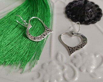 Vintage 925 Sterling Silver Open Heart Dangle Earrings JV 1988