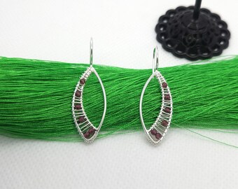 Embellished Marquise 925 Sterling Silver With Garnet Drop Hook Earrings.