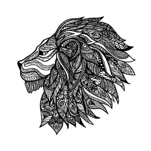 May include: A detailed black and white illustration of a lion's head in profile. The lion's mane and face are filled with intricate patterns, such as swirls, dots, and geometric designs. The artwork is set against a plain white background.