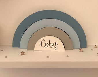 Personalised 20x10cm Wooden Stacking Rainbow. nursery decor, Rainbow Shelfie, boy or girl bedroom decor gift