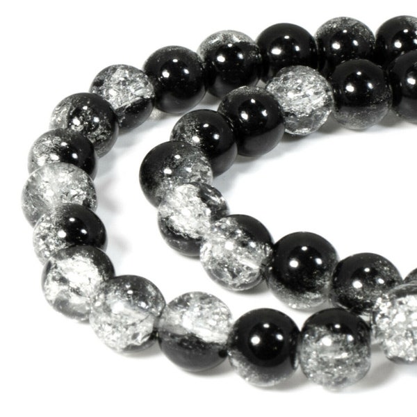 25 Beautiful Black and Crystal Clear Crackle 10mm Glass Beads (Beaded Glass) Package of 25