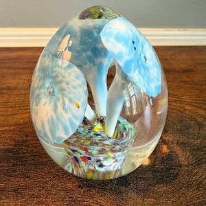 Vintage Art Glass Paperweight – Blown Glass Flowers Inside – Calla Lily Style with Millefiori Base – 3.5” Floral Sculpture
