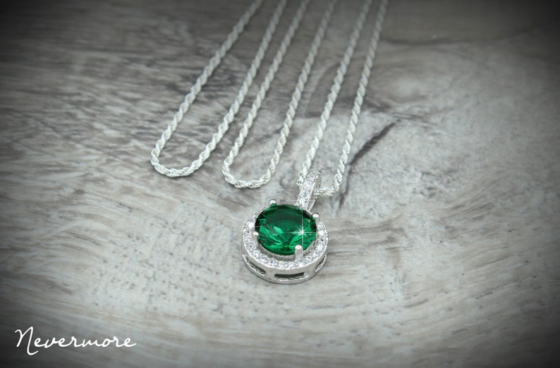 Beautiful Halo Pendant Set in 925 Sterling Silver with a Solid 925 Sterling Silver Rope Chain Italy Optional May Birthstone Emerald
