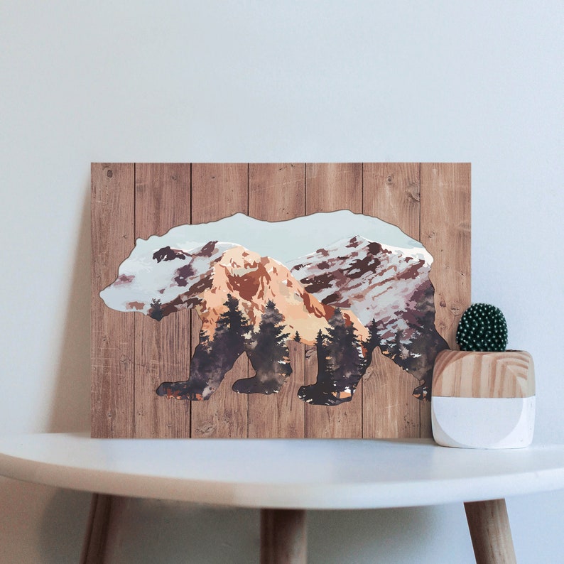 Grizzly Bear Wall Decor Wood Print Art Picture on Wood Hanging Etsy