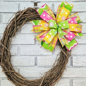 Pink Green Wreath Bow - Daisies Wreath Bow - Mothers Day Gift Bow - Green Yellow Lantern Bow - Floral Spring Bow - Floral Wreath Bow