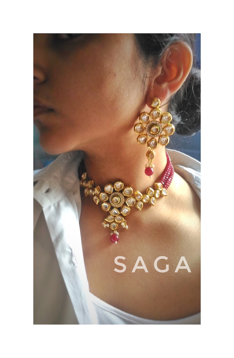 Statement Indian Choker Set Red Indian Kundan Choker Set with Earrings Contemporary Indian Jewelry