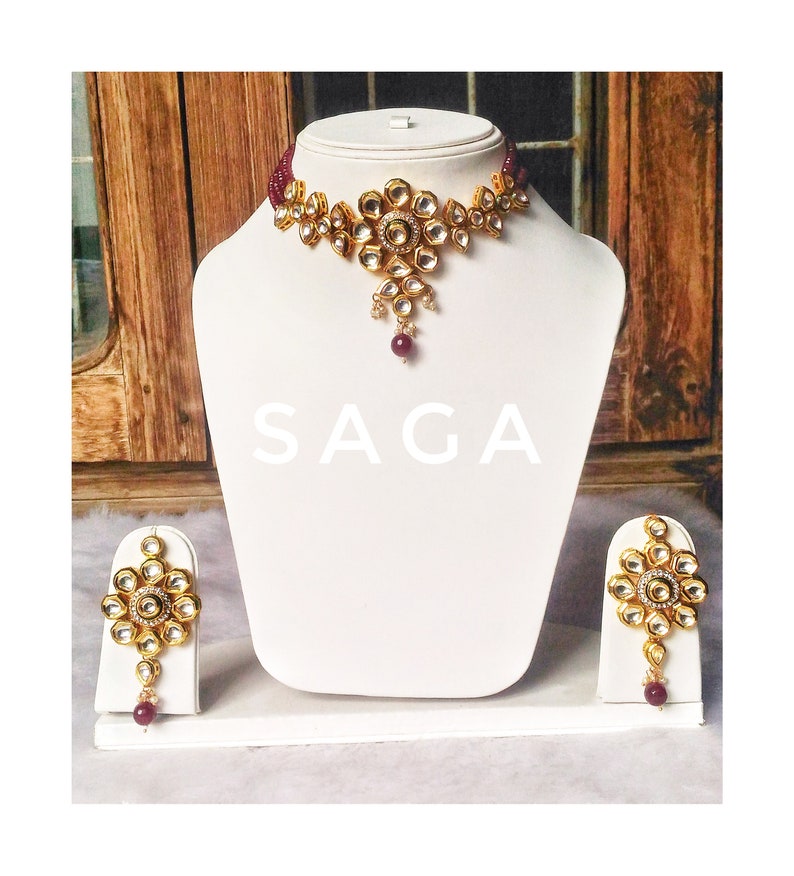 Statement Indian Choker Set Red Indian Kundan Choker Set with Earrings Contemporary Indian Jewelry