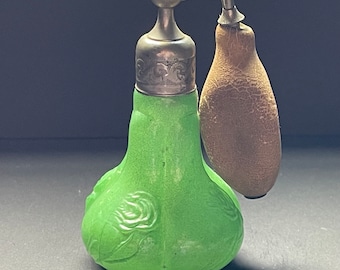 antique ATOMIZER Perfume Bottle,green Glass, embossed roses Vanity Decor, Glass Art, Collectible, Gift for her