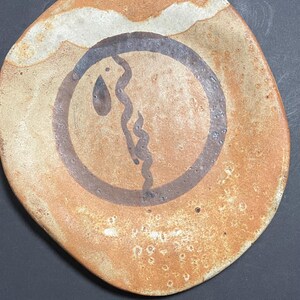 Handmade Rustic Studio Pottery Plate 11 Inch | Abstract Symbol Motif | Earth Tone Earthenware Wall Decor