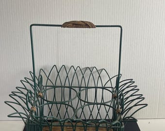 Vintage Green Metal Bottle Carrier | Rustic Wicker Bottom Picnic Caddy | Farmhouse Glass Holder Basket