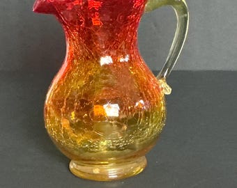 Vintage Amberina Crackle Glass Pitcher – Cadmium UV Reactive – Art Nouveau Style – Hand Blown Glass