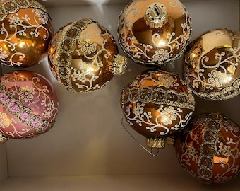 Gold and rose gold tones  Christmas bulbs set of 7 / glass ornaments rare shiny brite ornaments /  vintage decorations