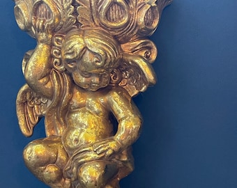 Vintage Gold Cherub Wall Pocket Planter | Baroque Angel Wall Decor | Hidden Storage Shelf Accent