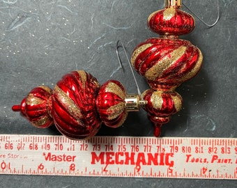 Red and gold glitter long plastic  vintage christmas bulbs 6 set