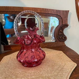 Fenton Cranberry basket twisted glad handle vase