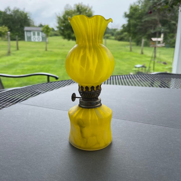 Mini Hurricane lamp rare mustard yellow and white frosted glass