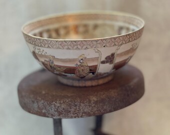 Vintage Decorative Asian Porcelain Bowl | H.F.P. Macau Hand Painted China | Peach Gold Figural Centerpiece Bowl
