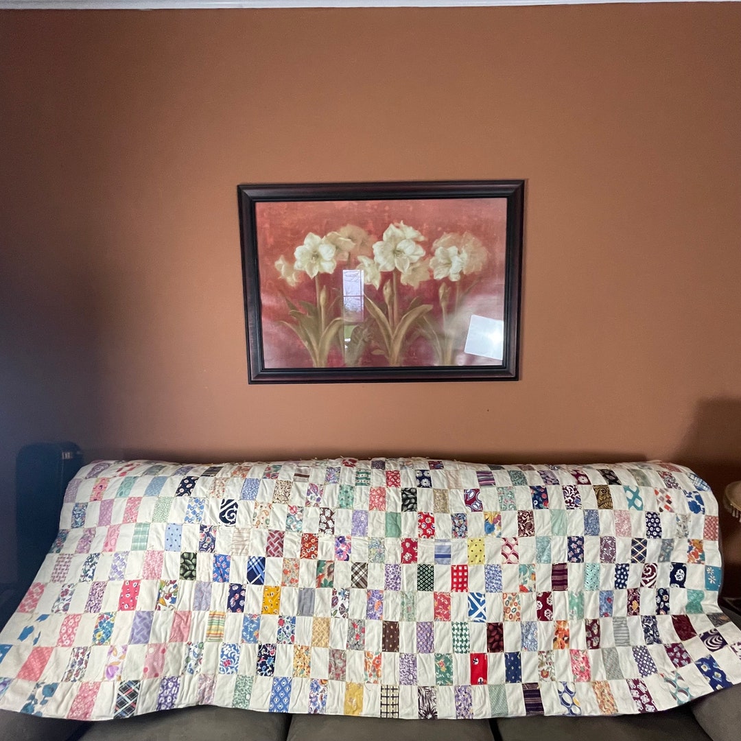 Hand Tied 1945 Quilt Rectangle Blocks Nine Patch Variation Thick Heavy