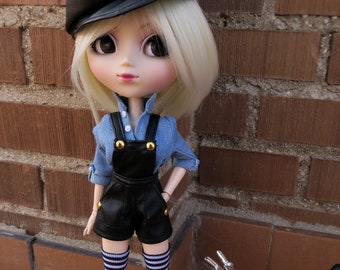 Black artificial leather overalls and denim shirt set for Pullip dolls