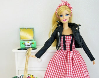 Rock'n'Roll! - Red gingham dress and black artificial leather jacket set for Barbie dolls