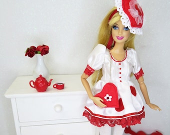 Miss Valentine - Robe lolita blanche et rouge pour poupées Barbie