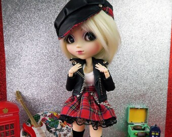 Scottish Rock Band - Ensemble blouson en cuir artificiel noir et jupe écossaise pour poupées Pullip