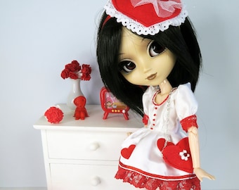 Miss Valentine - Robe lolita blanche et rouge pour poupées Pullip
