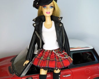 Scottish Rock Band - Black artificial leather jacket and tartan skirt set for Barbie dolls