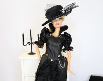 Romantic Goth - Ensemble gothique noir en cuir artificiel et dentelle pour poupées Barbie