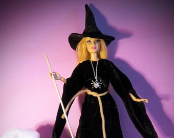 Sorcière d'Halloween - Ensemble robe longue et chapeau pointu noirs pour poupées Barbie