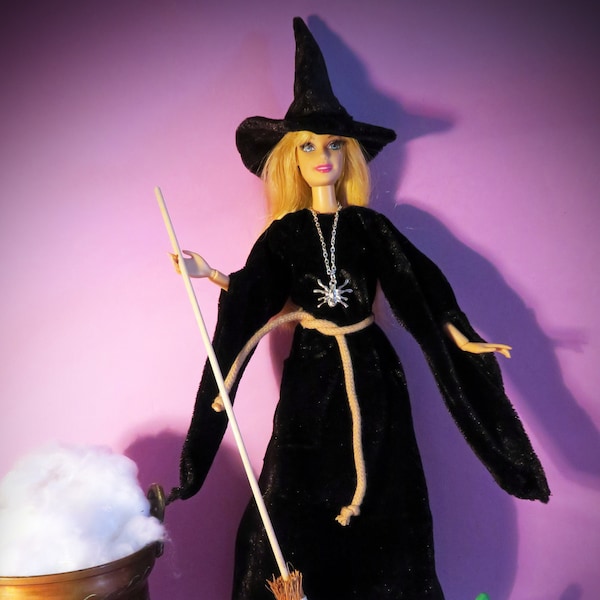 Sorcière d'Halloween - Ensemble robe longue et chapeau pointu noirs pour poupées Barbie