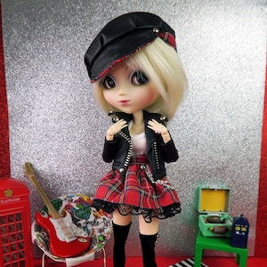 Scottish Rock Band - Black artificial leather jacket and Scottish skirt set for Pullip dolls