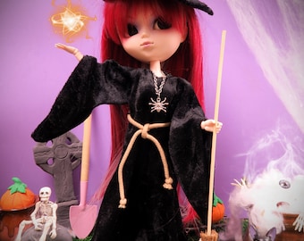 Sorcière d'Halloween - Ensemble robe longue et chapeau pointu noirs pour poupées Pullip