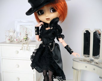 Romantic Goth - Ensemble gothique noir en cuir artificiel et dentelle pour poupées Pullip