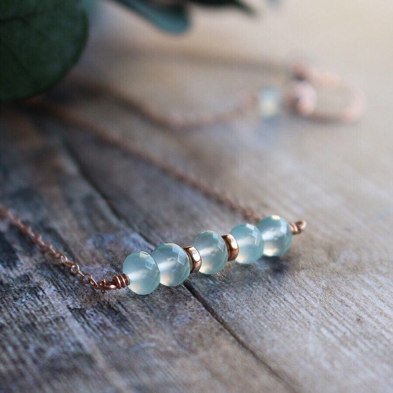 Rose Gold Necklace Gemstone Jewellery Aqua Chalcedony Aqua Chalcedony 14k Rose Gold Filled Bar Necklace Gemstone Necklace Gift for Her